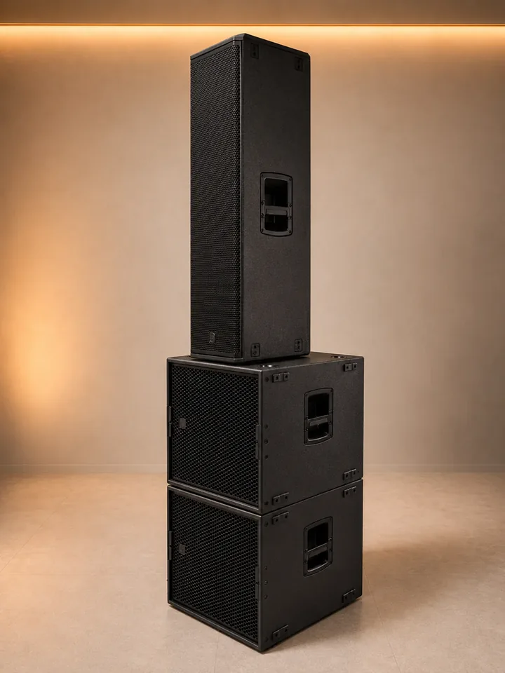 Torre de sonido PRODIBIZA con caja de agudos sobre dos subwoofers, iluminada con luz cálida