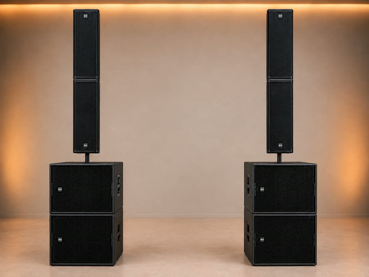 Two PRODIBIZA sound towers, each a line array on a subwoofer, set up in a room with warm lighting