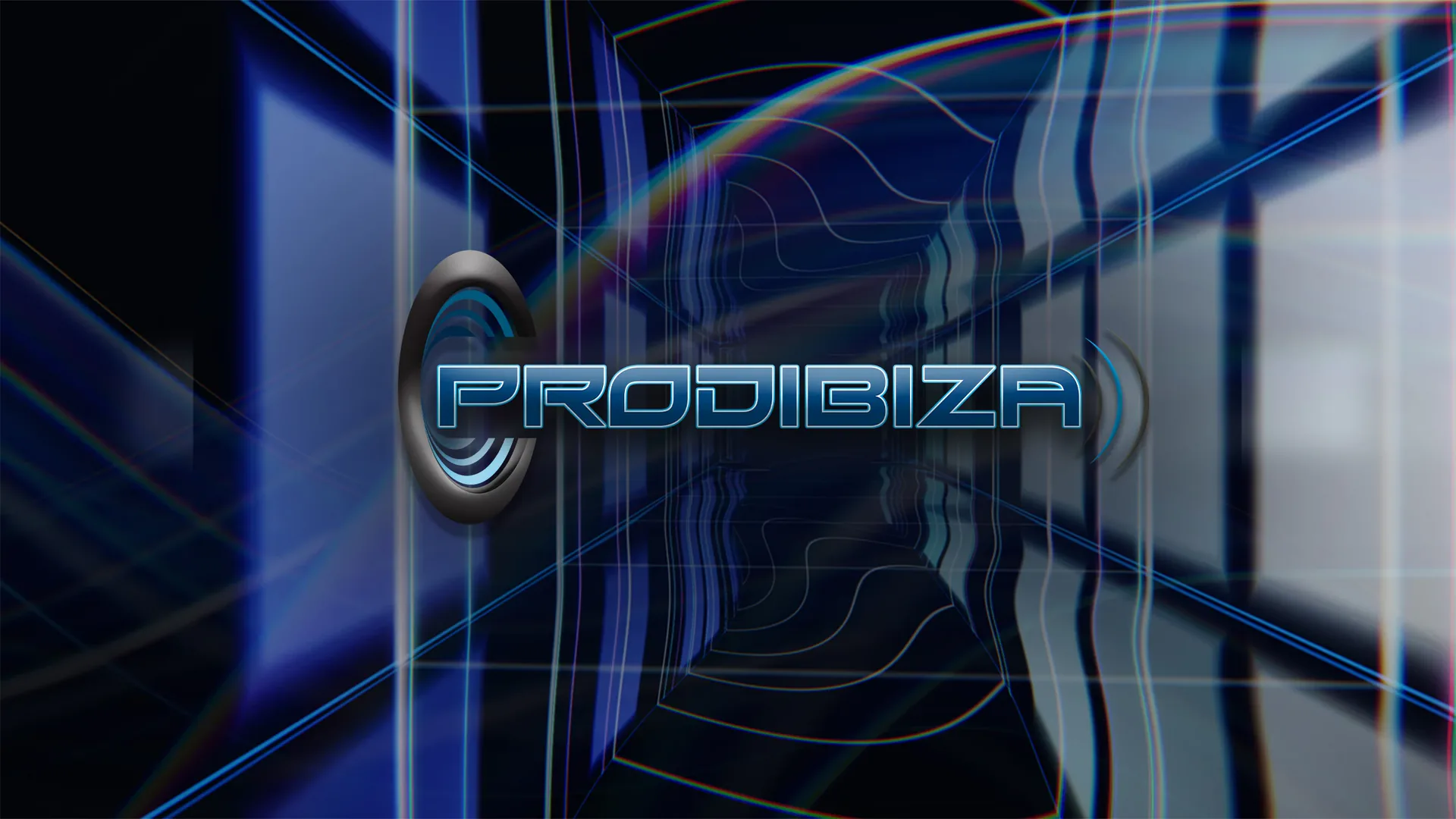 Logotipo de PRODIBIZA sobre una rejilla de altavoz recorrida por haces de luz azul